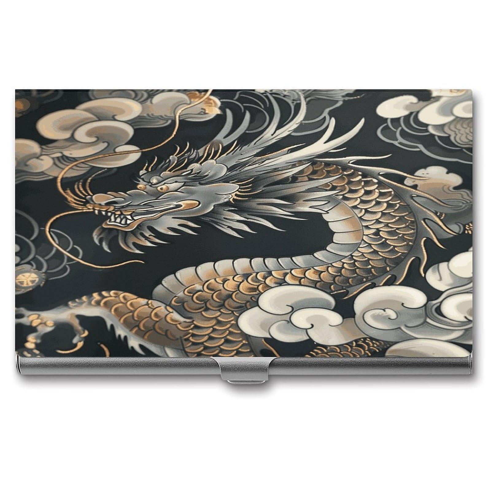JTREHY Black Oriental Dragon Business Card Holder Slim Purse Name Card Holder Portable Metal Business Card Case Wallet Large Capacity Lightweight Business Card Case for Men Women