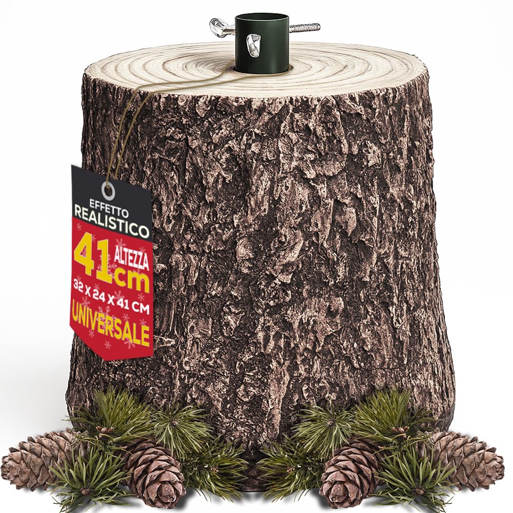 BAKAJI Base Supporto Albero di Natale in Resina, Tronco Realistico Natalizio, Riproduzione Fedele alla Realtà Solida Resistente, Attacco Universale 40mm Ganci per Adattamento Altezza (41 cm Scuro)