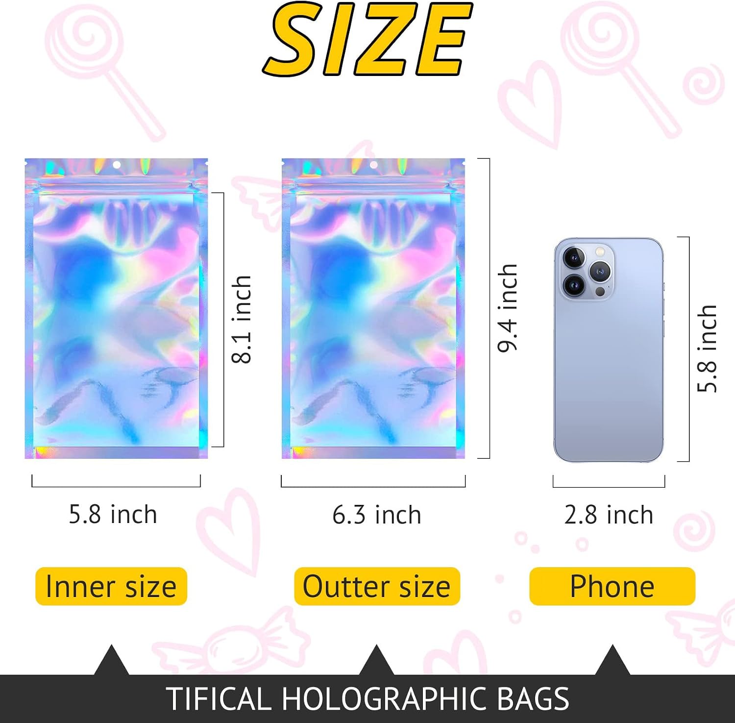 100PCS Resealable Holographic Bags, Jewelry Bags|6.3x9.4in image 2
