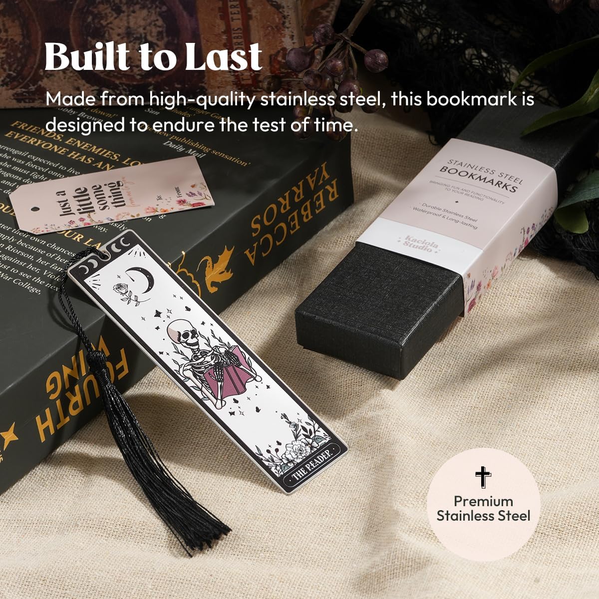 Kaciola Funny Bookmarks for Women, Halloween Skeleton Tarot Metal Bookmark with a Tassle, Funny Skull Book Markers Gifts for Women Men Booklover, Christmas Birthday Book Gifts for Adults Reading - Image 2