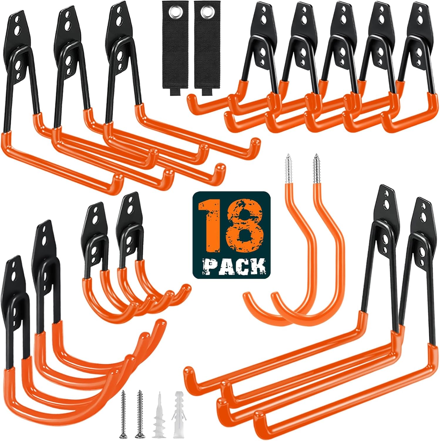 26 Pack Garage Hooks Heavy Duty Utility Steel with Anti-Slip Coating Wall Mount Storage Organizer for Hanging Power and Garden Tools, Ladders, Hose, Bikes, Ropes, Bulk Items, and More