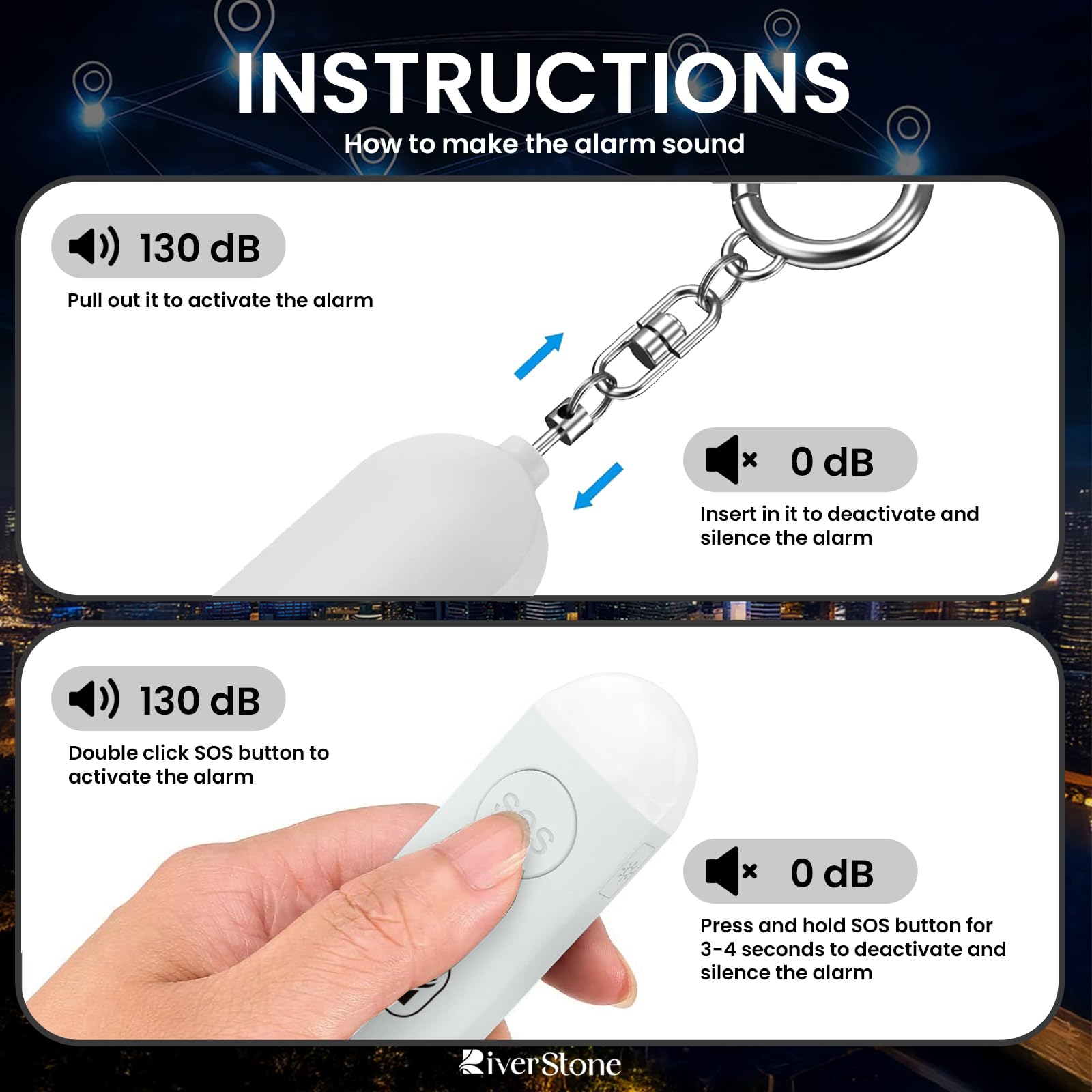 RiverStone Alarme de Sécurité personnelle 130dB pour Apple FindMy iOS (14.5+) Porte-Clés Traceur Anti-Agression, Sirène d’Urgence Femme Enfant Senior, Localisation, Auto-Défense, Batterie Longue Durée