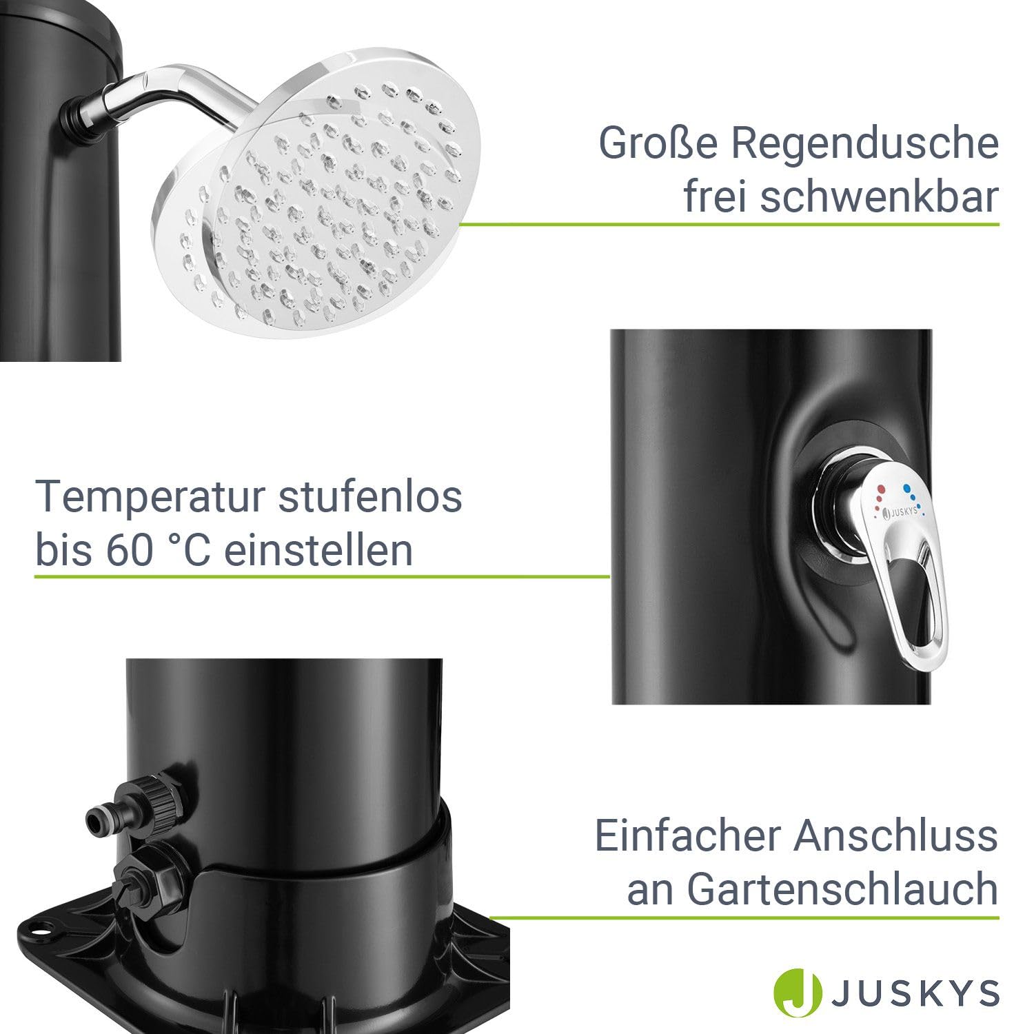 Juskys Prysznic solarny Victoria 20/35/40 litrów – do 60°C – z obrotową głowicą prysznicową, prysznicem nożnym i przyłączem węża ogrodowego, prysznicem ogrodowym, prysznicem zewnętrznym