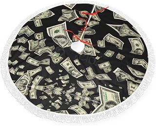 Tassel Christmas Tree Skirt for Holiday Decor, Dollar Sign Money Xmas Tree Collar 36", Farmhouse Festive Plush Tree Mat for Christmas Party, Home, Office Decoration