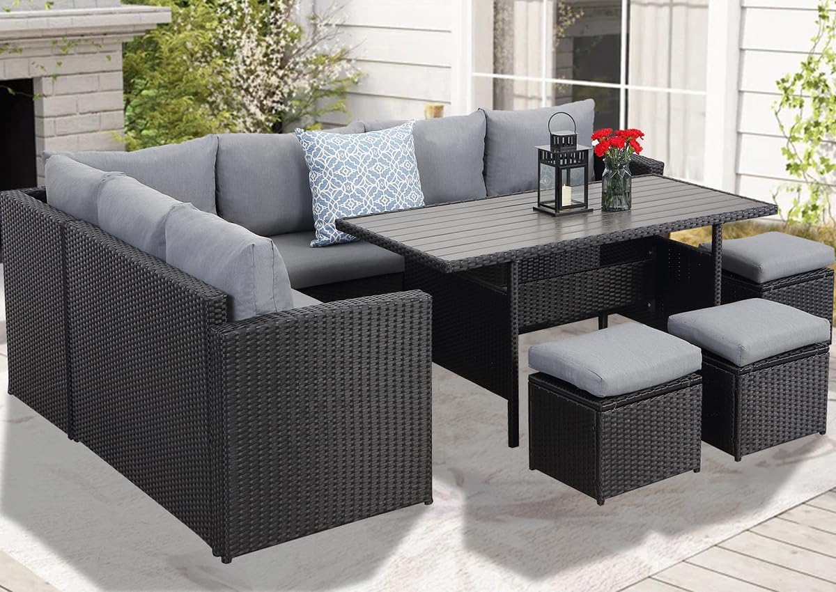 GLP Polyrattan Garden Furniture Set for up to 9 People Outdoor Lounge Dining Set with WPC Dining Table Corner Sofa Stool Armchair and Thick Cushions Weatherproof Black & Gray