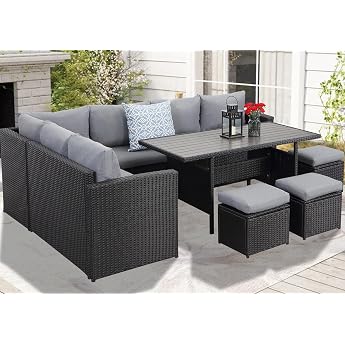 GLP Polyrattan Garden Furniture Set for up to 9 People Outdoor Lounge Dining Set with WPC Dining Table Corner Sofa Stool Armchair and Thick Cushions Weatherproof Black & Gray