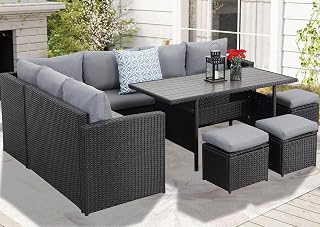 GLP Polyrattan Gartenmöbel Set für bis zu 9 Personen - Outdoor Lounge Essgruppe mit WPC Esstisch, Ecksofa, Hocker, Sessel und Dicke Kissen, Wetterfest (Schwarz & Grau)
