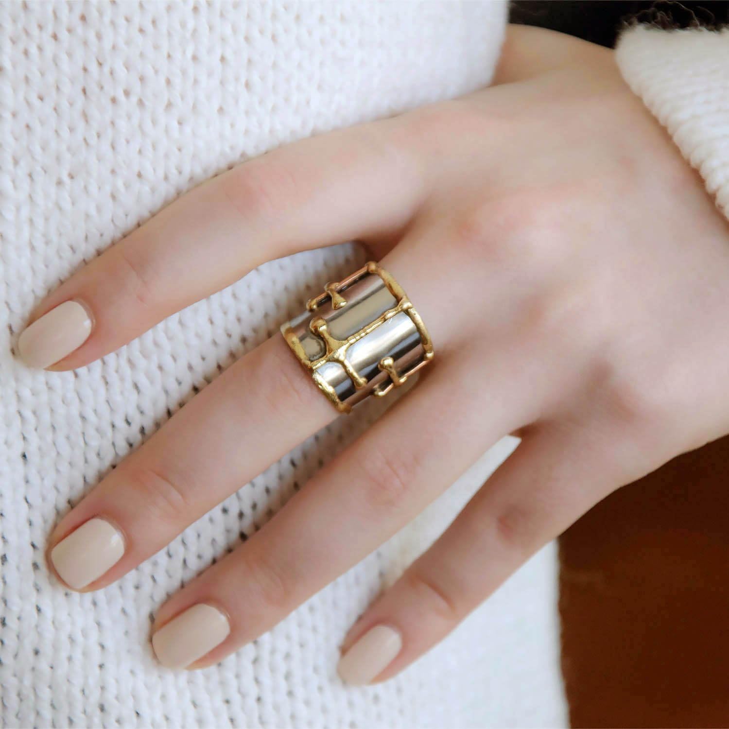 Anju Tri-Tone Cross Pattern Cuff Ring