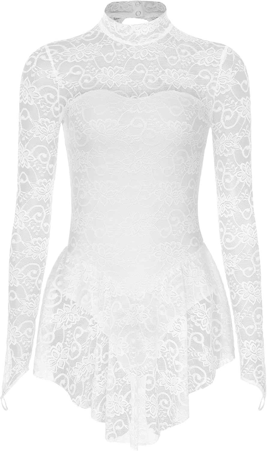 Women's Long Sleeve Lace Figure Skating Ballet Dance Leotard Dress Performance Wear