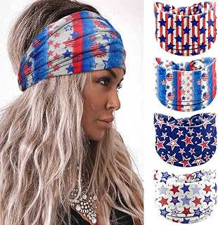 Olbye 4th of July Headbands USA Patriotic American Flag Hairbands Wide Knotted Turban Head Bands Non Slip Red White Blue Bandana Stars Stripes Independence Day Hair Accessories for Women 4Pcs (USA B)