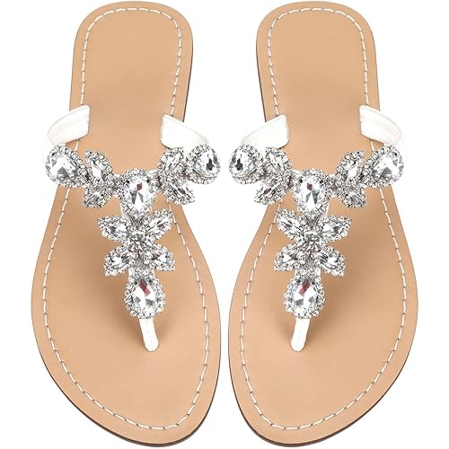 Rhinestone Sandals for Women – Sparkly Jeweled Bling Thong Flip Flops, Dressy Gemstone Flat Sandals for Wedding, Party, Beach & Summer Outfits