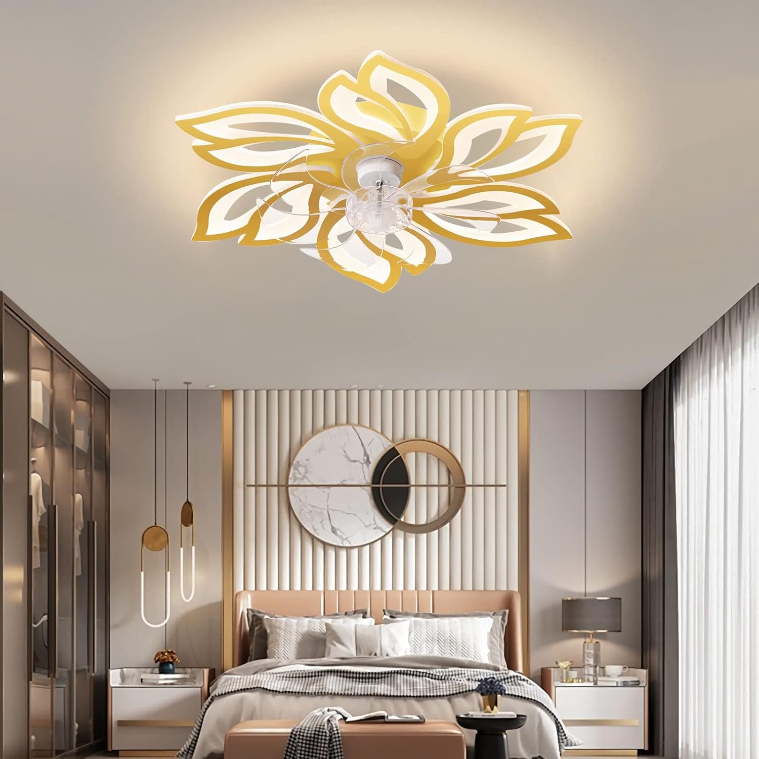 YUEGOO Ceiling Fans with Lamps,Silent Dc Reversible 6 Speed Ceiling Fan with Lighting and Remote Modern Led Dimmable Fan Chandeliers Ceiling Light for Bedroom Kitchen Living Room/D
