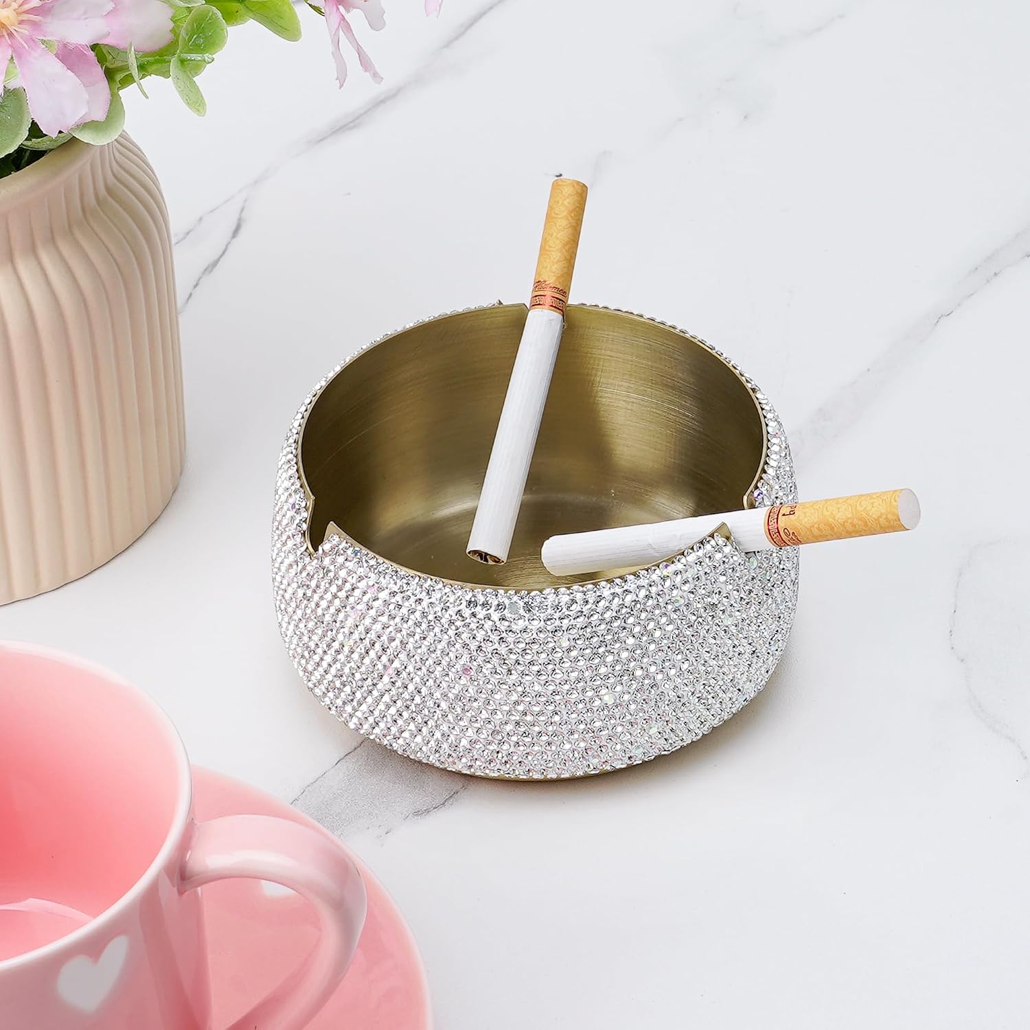 Rhinestone Ashtray, Stainless Steel Ashtrays, Bling Ashtray for Home, Stainless Steel Round Shaped Ash Storage Tray Box For Indoor Outdoor (Gold)