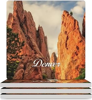 American Colorado State Denver Square Absorbent Coaster Set of 4,Denver City Skyline Landscape Cups Place Mats with Base for Home Table Coasters Cup Mat for Drinks, Bar, Kitchen Decoration