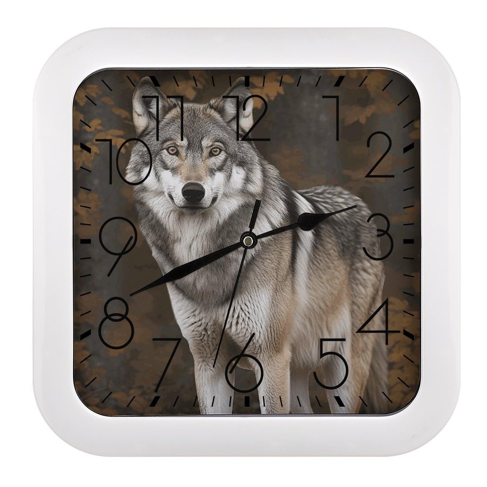 Horloge murale vintage loup gris carrée silencieuse sans tic-tac