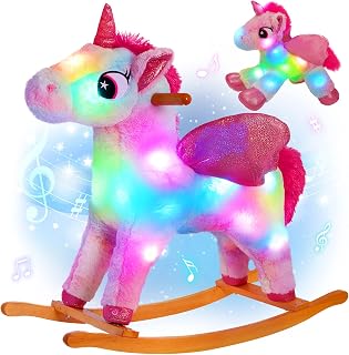 GlowGuards Light Up Musical Unicorn Rocking Horse with Plush Toy - Safe Wooden Ride-On for Toddlers 3-6, Rainbow Glow & Songs