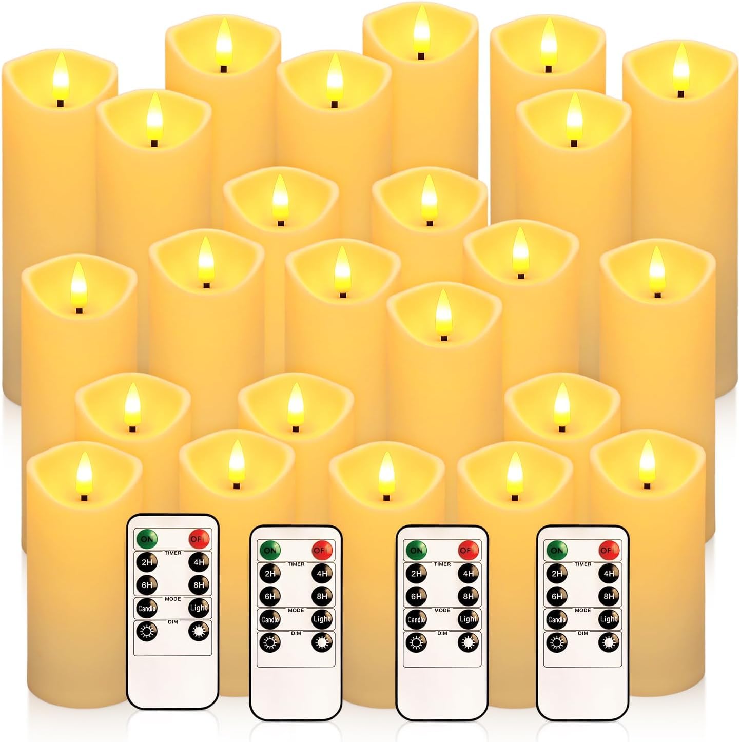 LIVEN Set mit 24 wasserdichten flammenlosen Kerzen für den Außenbereich, LED-Kerzen mit 4 Fernbedienungen und Timer, (H 10,2 cm, 12,7 cm, 15,2 cm x T 5,6 cm), für Halloween, Weihnachten, Hochzeitsfest