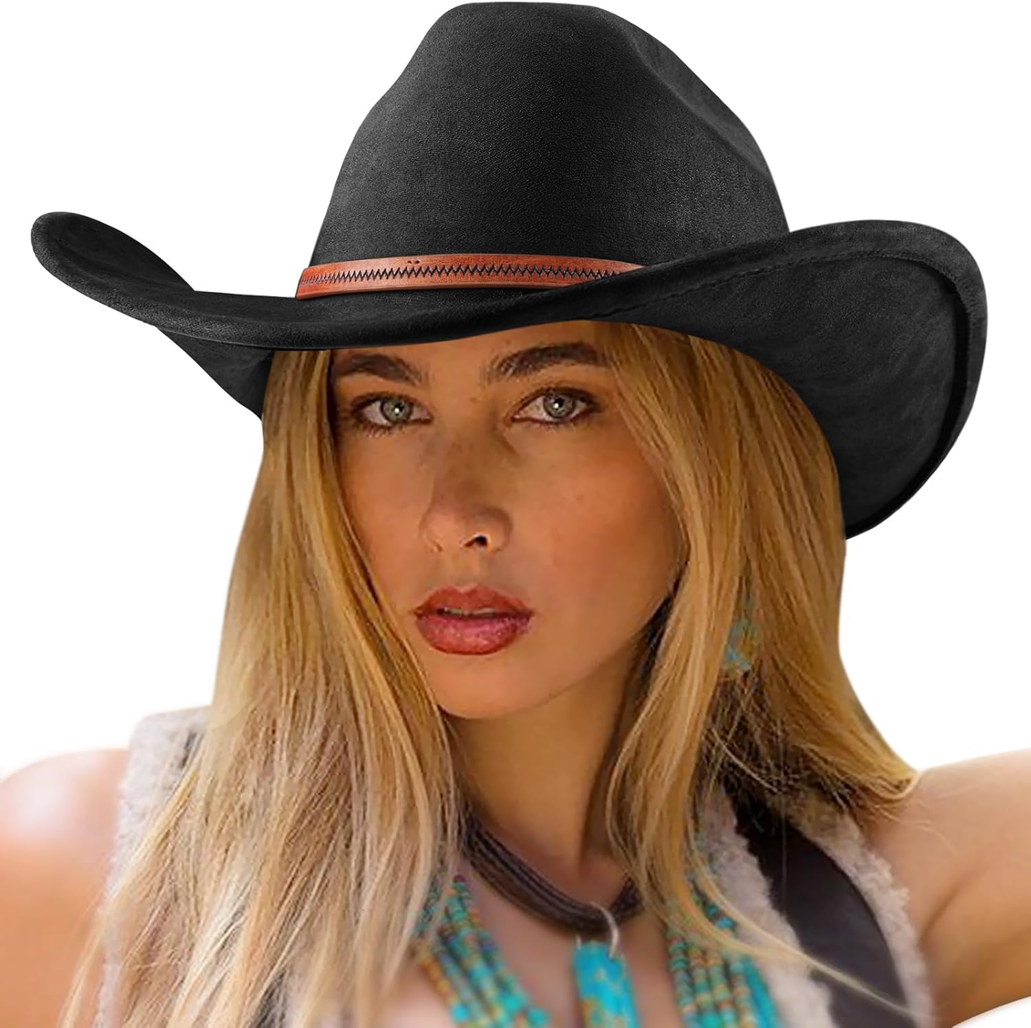 Western Cowboy Hats for Women Classic Felt Wide Brim Fedora Hat with Belt Buckle Retro Panama Hat Unisex Rolled up Cap - Image 8