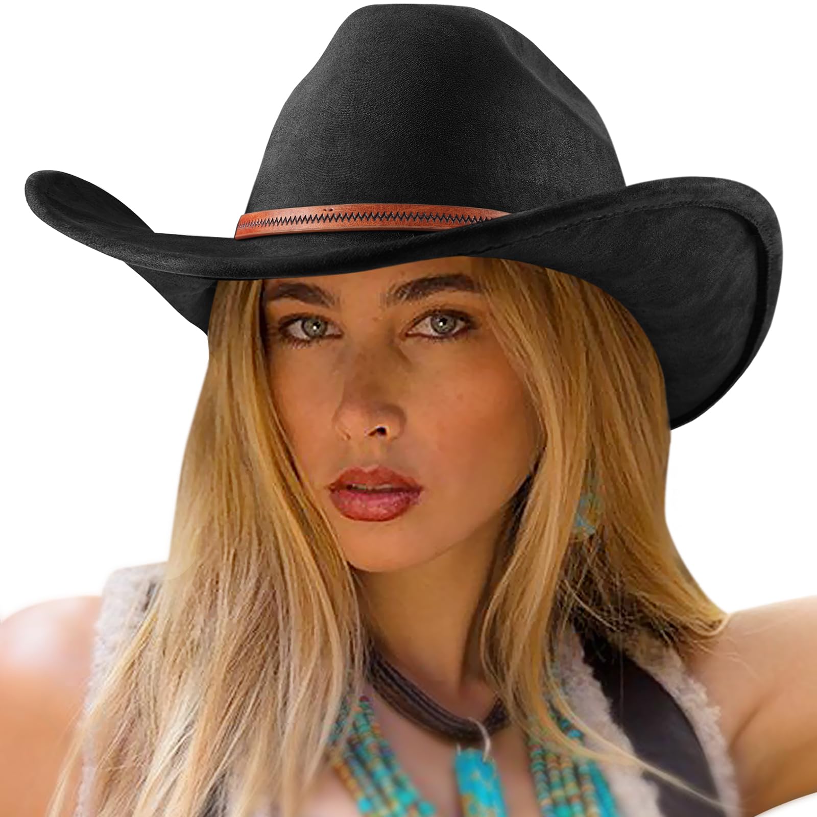 Dreshow Women's 1 Pc Fedora Hat: 73-W-Black Cowboy Hat For And Men Cattleman Western Cowboy Cowgirl Hats Outdoor Wide Brim With Belt Buckle Unisex Rolled Up Caps