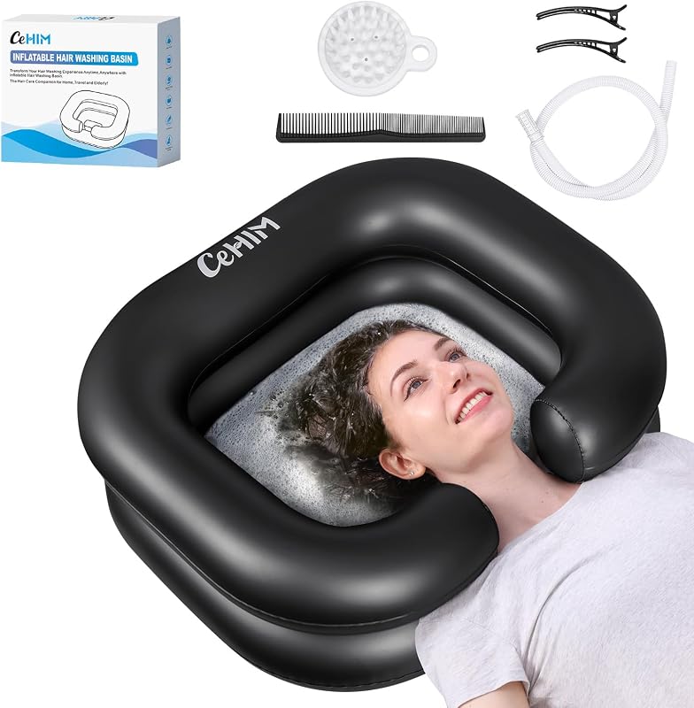 Lavabo de champú inflable negro - Cuenco de champú portátil resistente a las manchas para postrados en cama, ancianos, discapacitados - Lavabo interior de 15 pulgadas para el cuidado del hogar