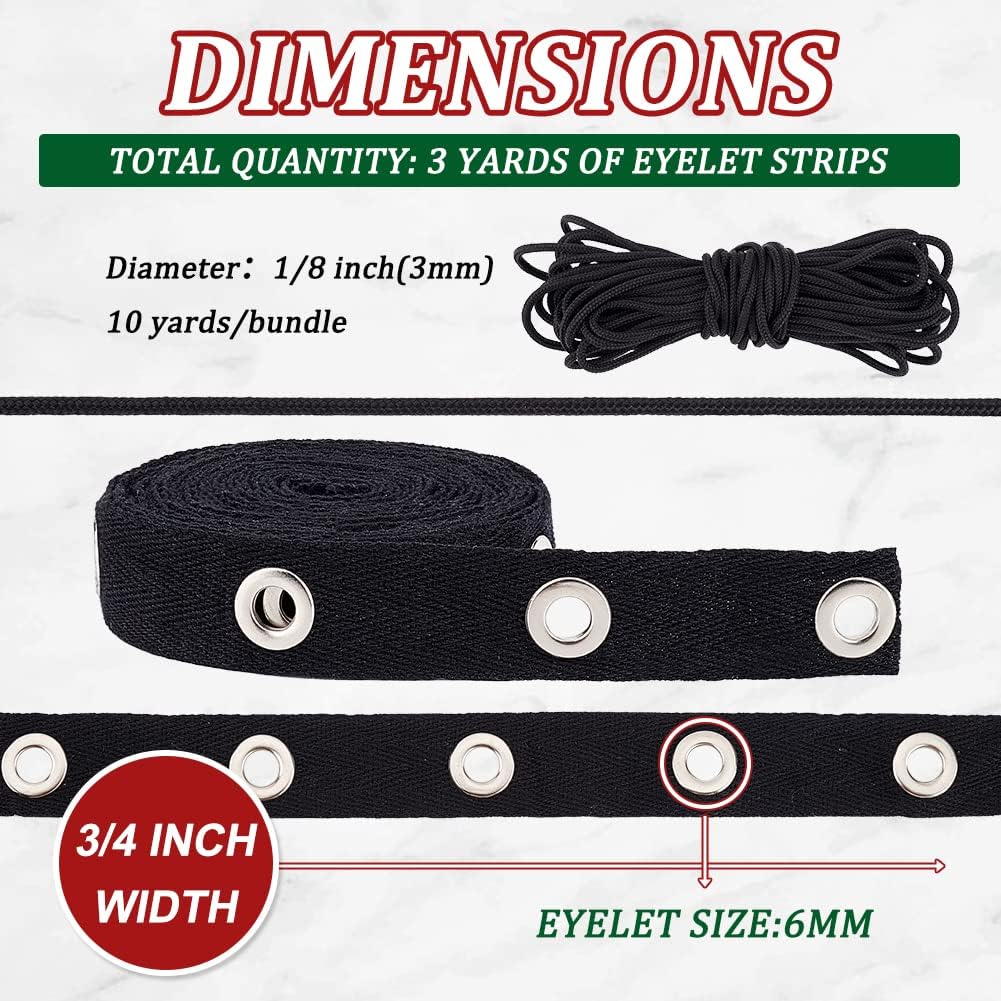 BENECREAT 3/4" Black Cotton Grommet Eyelet Twill Tape Trim, 3 Yard | Metal Eyelet Ring Ribbon Strip With 10 Yards 1/8" Black Round Polyester Braided Ribbons for Clothes Sewing Crafts Making