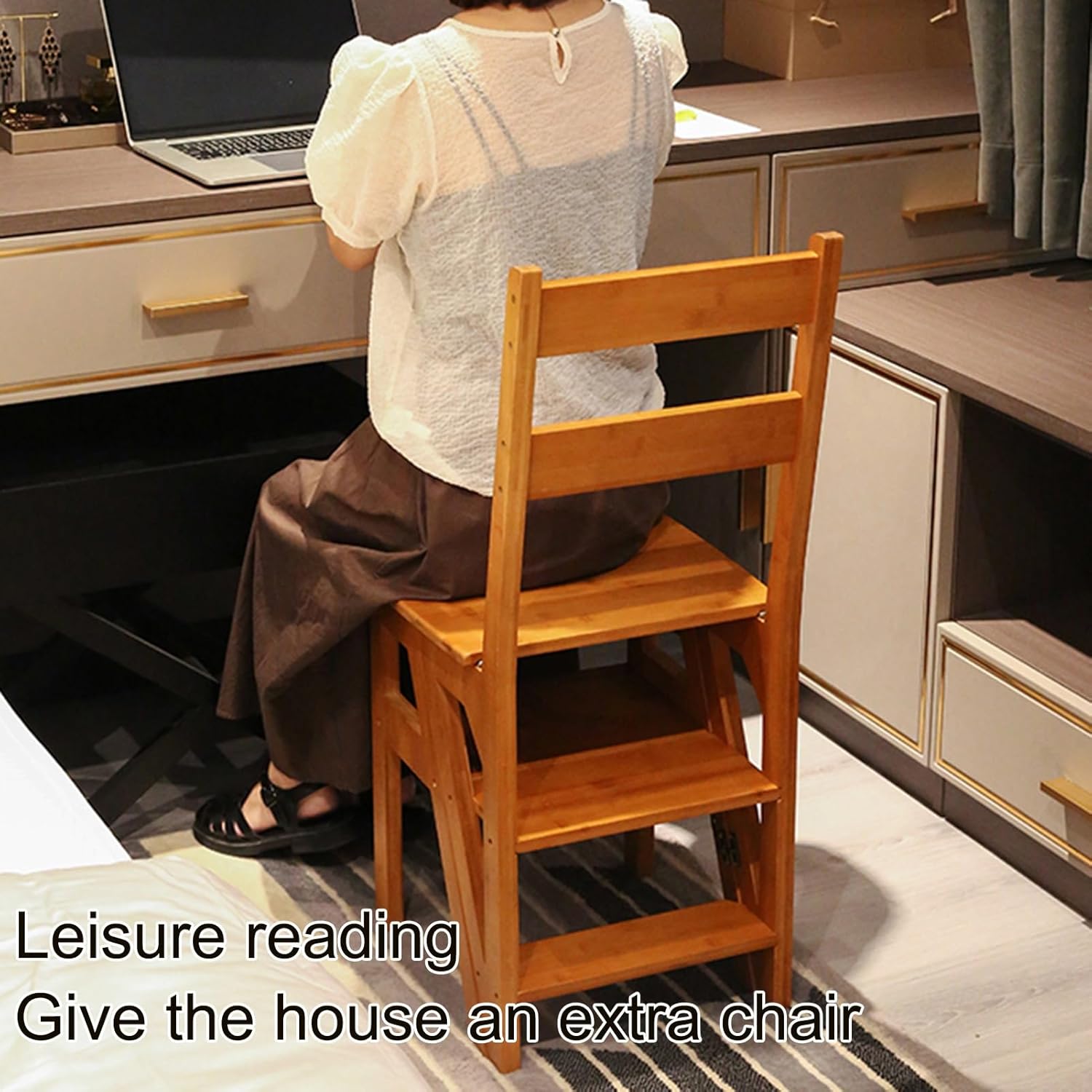 Folding Solid Wood Step Stool Versatile Wooden Ladder Chair for Adults Portable 4 Step Ladder for Bookcases Sturdy Bench Stool for Home & Office Use