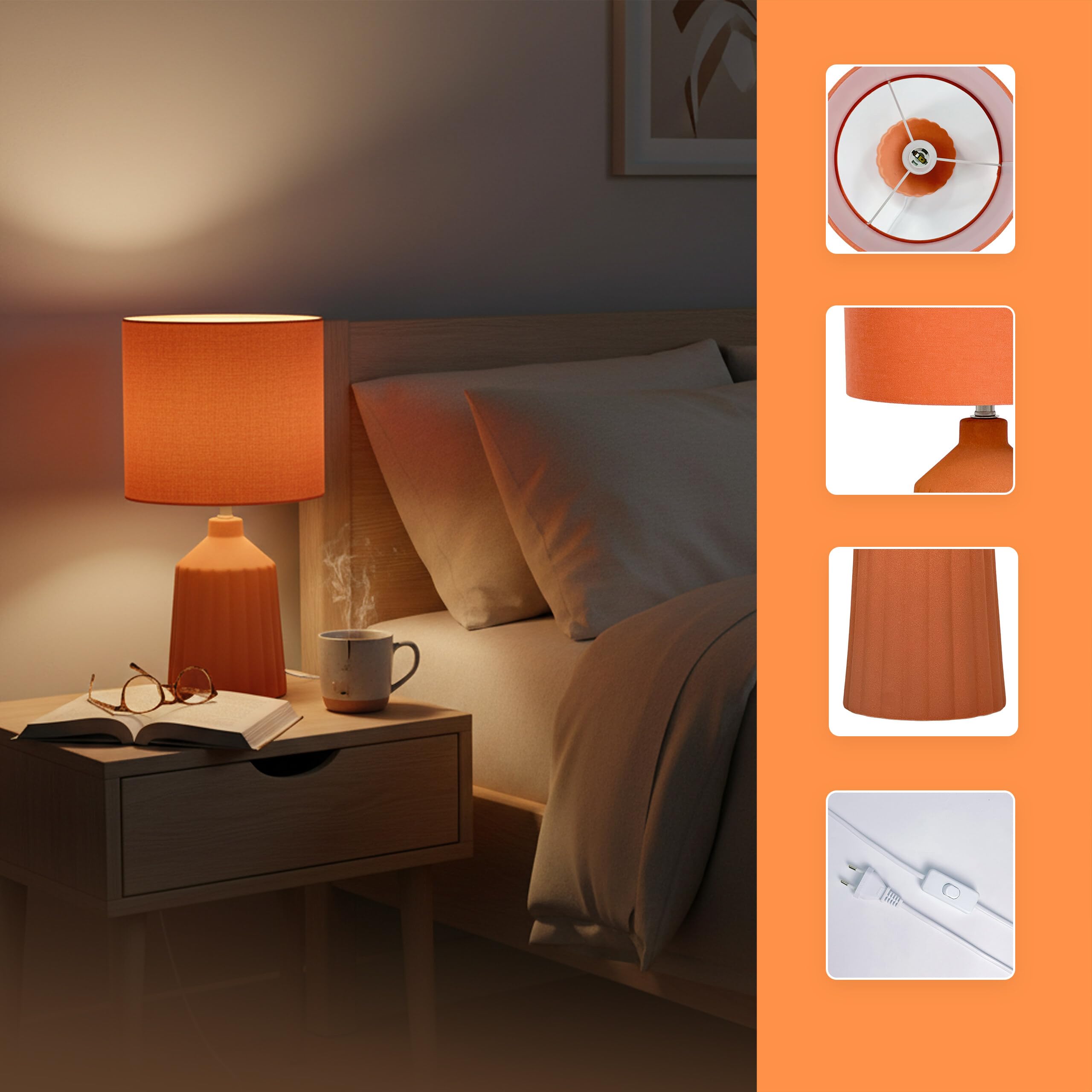 Relaxdays Lampa stołowa, wzorzysta podstawa ceramiczna, abażur z materiału, E27, wys. x śr.: 42 x 23 cm, lampka nocna z kablem, terakota