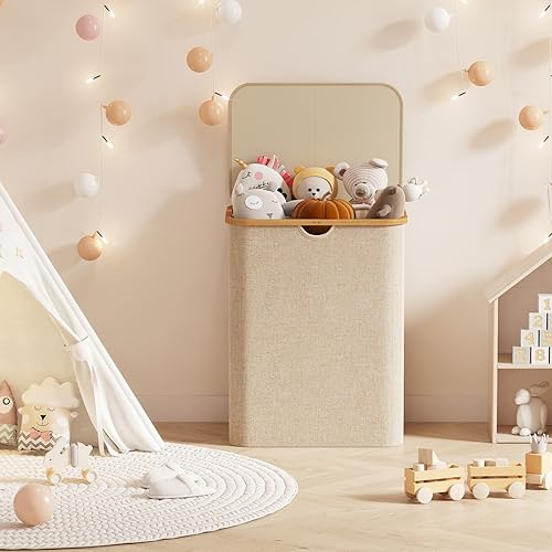 Miniatura 28 de Lifewit Cesta grande de 100 litros con tapa para ropa con asas de bambú y bolsa extraíble, plegable para dormitorio, baño, residencia universitaria