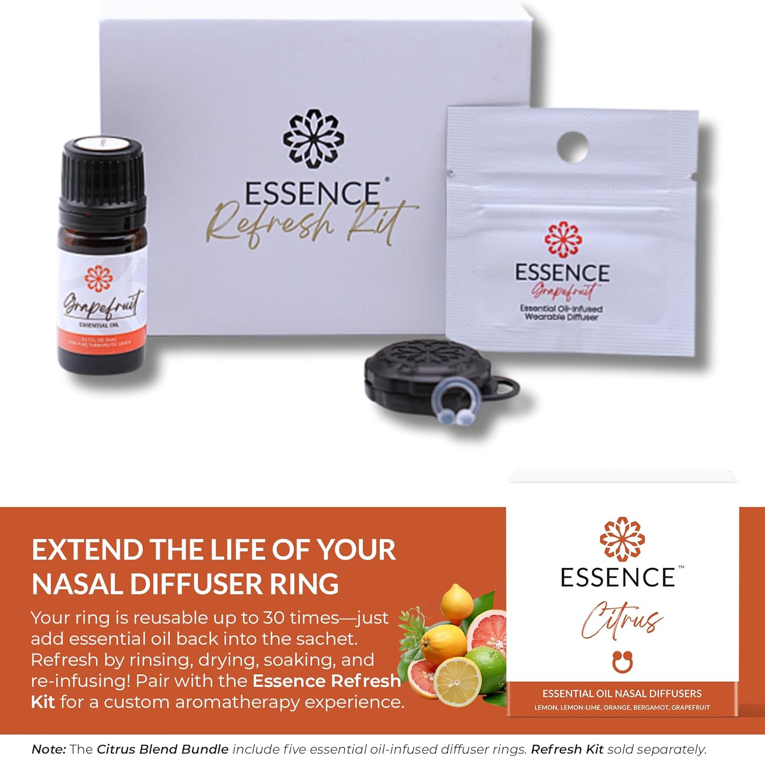 Essence Nasal Diffuser Citrus Bundle – Essential Oil Silicone Nose Rings for Mood, Energy & Positivity – Wearable Aromatherapy Pack with Lemon, Orange, Grapefruit & Bergamot