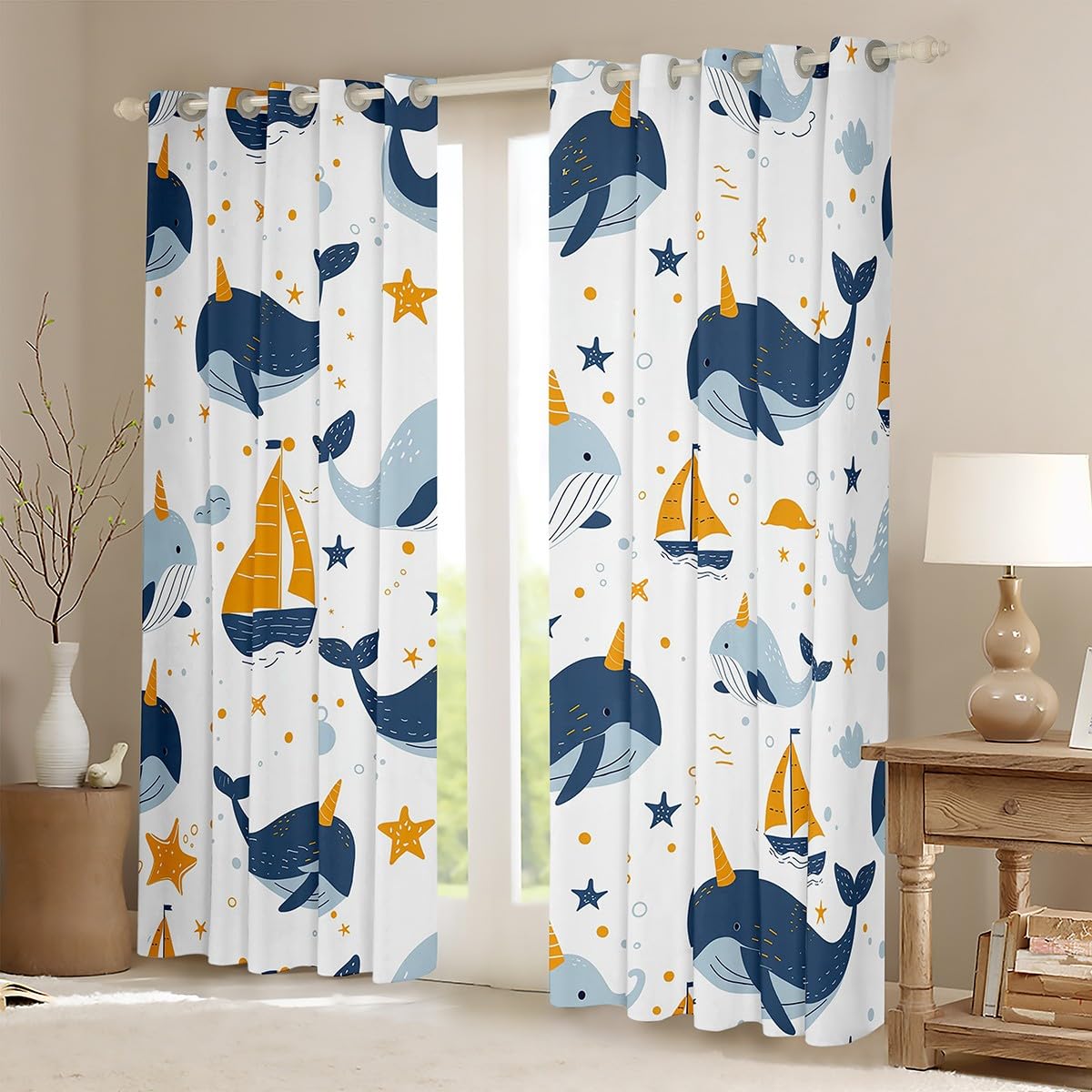 Manfei Lot de 2 rideaux de fenêtre à motif baleine et licorne, motif baleine et licorne, animaux marins, décoration de chambre d'enfants, garçons et filles, rideaux de chambre à coucher, 168 x 183 cm