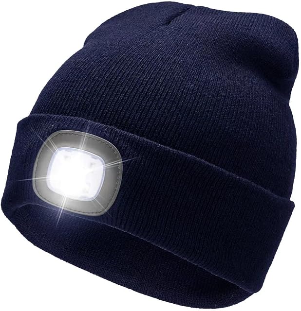 RFWIN LED Lighted Beanie Cap, USB Rechargeable 4 LED Headlamp, Unisex Knitted Hat with Light
