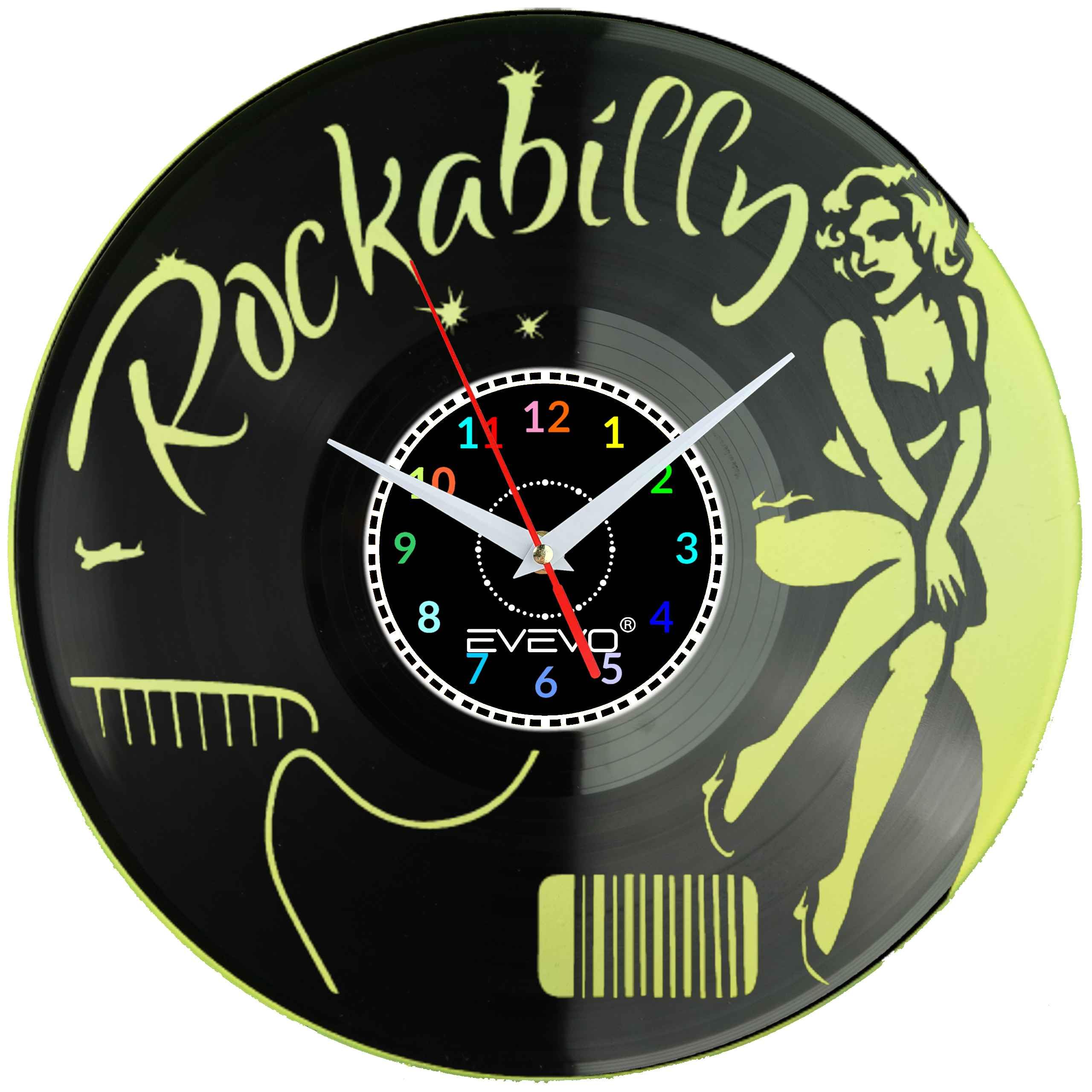 ZEGAR ŚCIENNY ROCKABILLY ROCK 'n' ROLL FLUORESCENCYJNE TŁO PŁYTA WINYLOWA PREZENT UPOMINEK URODZINY EVEVO F0017
