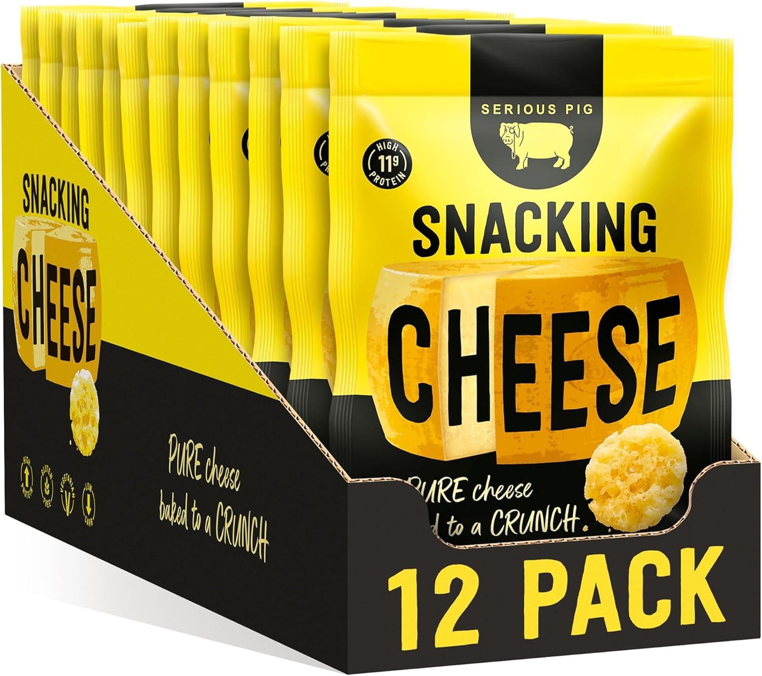 SERIOUS PIG - Crunchy Snacking Cheese Snacks, High Protein, Low Carb, Keto Friendly, Gluten Free, Vegetarian, Pub Snacks, Made from 100% Real Italian Cheese (Classic) (12x 0.84oz)
