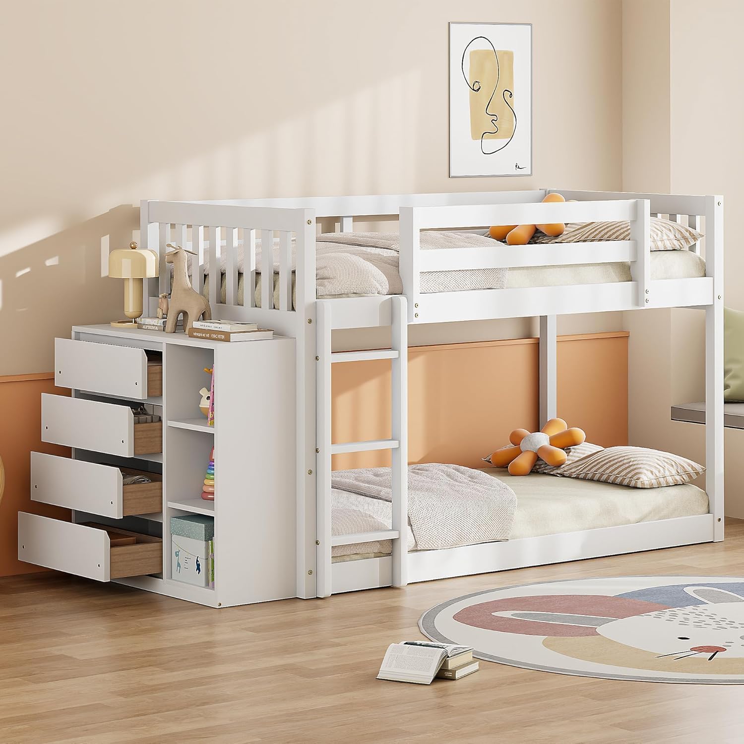 MERITLINE Low Twin Over Twin Bunk Bed for Kids Teens Wood Twin Bunk Bed Frame with Storage
