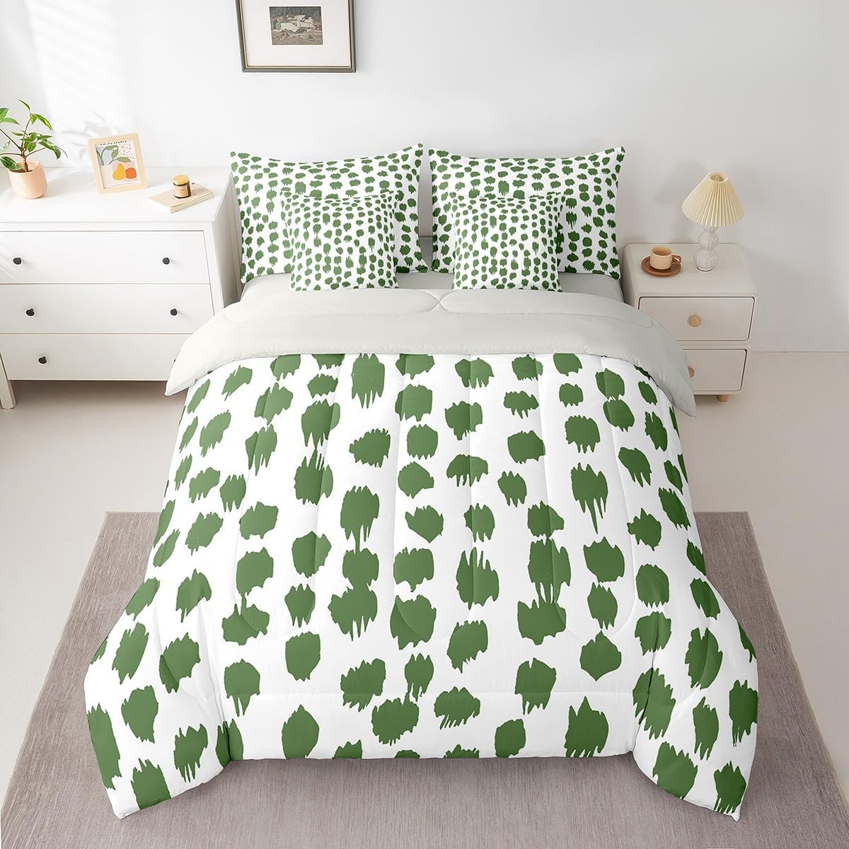 Erosebridal Green Polka Dots Bed in A Bag with Sheets Abstract Geometric Spots Twin Comforter Set 7 Piece Rustic Farmhouse Bedding Sets for Kids Teens Adults Brush Stroke Bed Set Room Decor