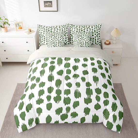 Erosebridal Green Polka Dots Bed in A Bag with Sheets Abstract Geometric Spots King Comforter Set 7 Piece Rustic Farmhouse Bedding Sets for Kids Teens Adults Brush Stroke Bed Set Room Decor