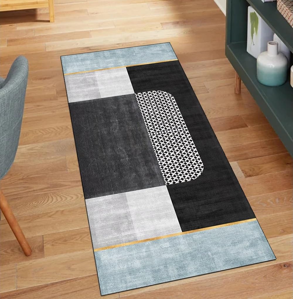 Alfombra de pasillo 40x450 cm gris y azul con diseño de retazos lavable