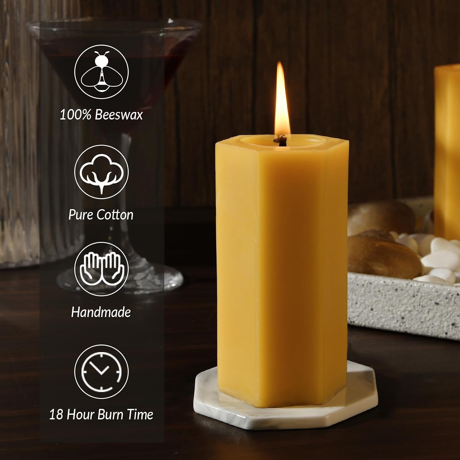 Pack of 6, Yellow Pillar Candle Bulk - Natural Organic Pure Beeswax Candle Hexagonal Shape, 2 inch Diameter by 4 inch Height