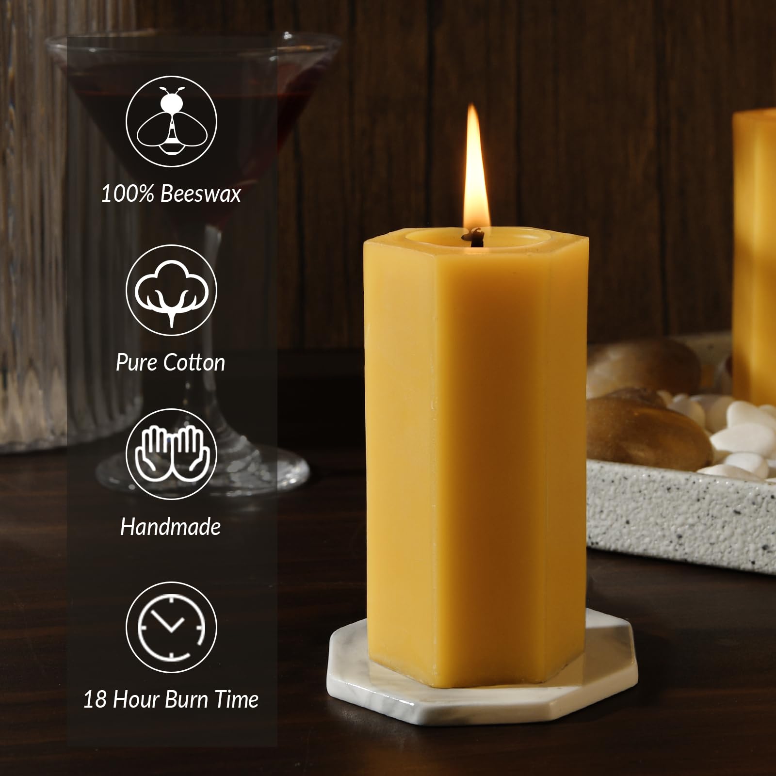 Paquete de 6 velas amarillas a granel, cera de abeja pura orgánica natural, forma hexagonal, 2 pulgadas de diámetro por 4 pulgadas de alto