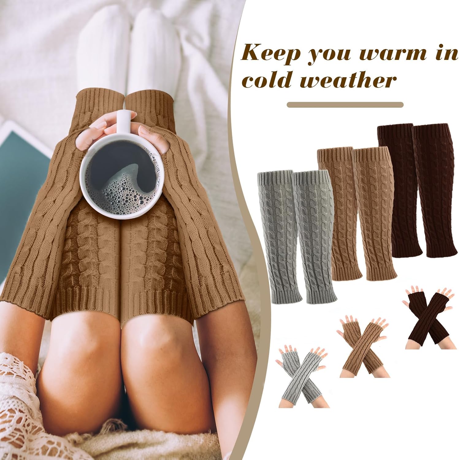Therwen 6 Pairs Knit Leg Warmers Arm Warmers Set for Women Cable Knit Leg Warmers Knee Warmers Thigh High Socks