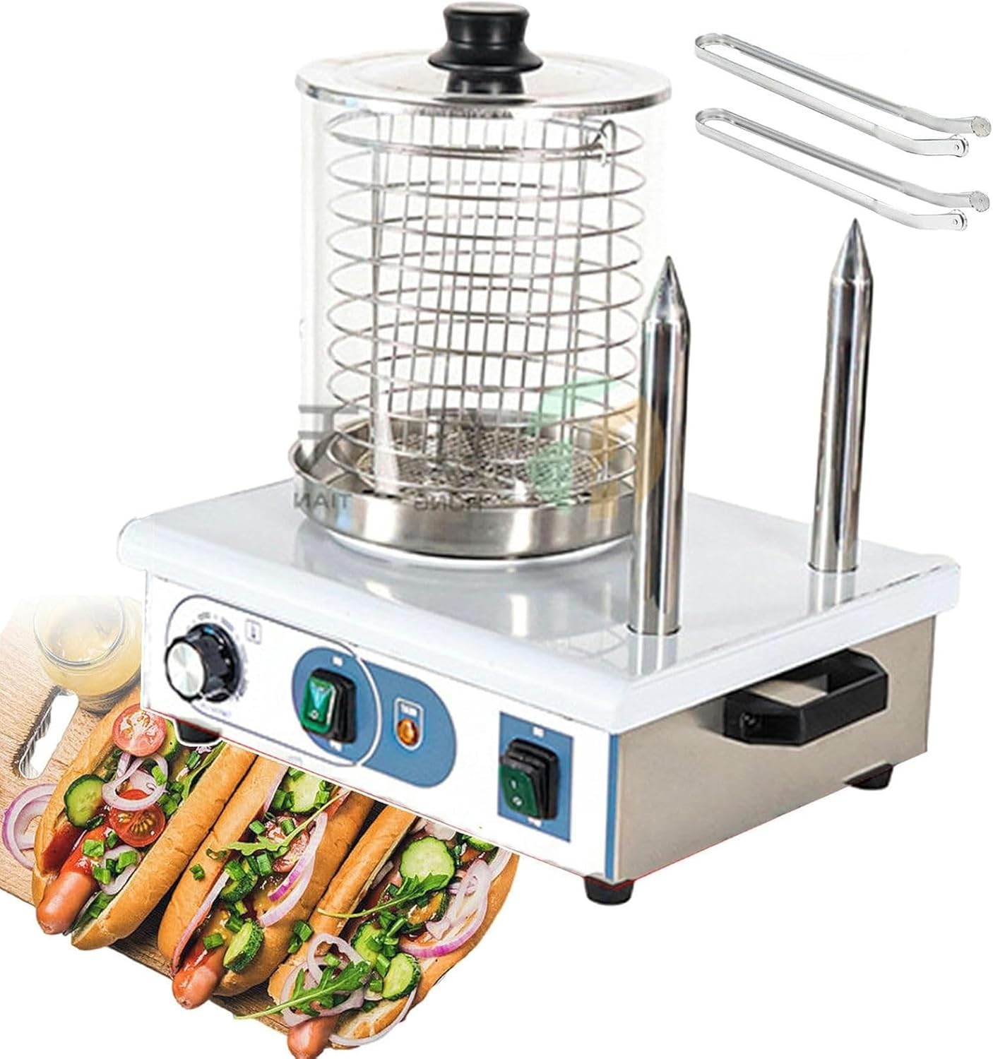 Hot Dog Bun Steamer Electric Sausage Machine with 2 Grilling Tongs 24 Hot Dog and 12 Bun Capacity Hot Dog Roller Machine,