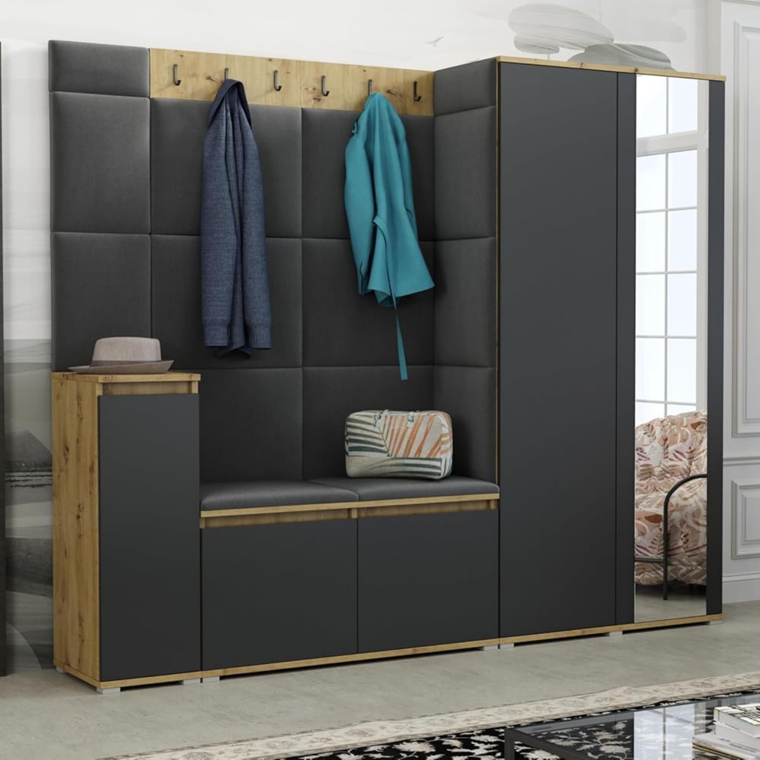 Brent Garderobenschrank Flur Artisan Eiche Schwarz 220 cm Breit Luton 8 Multifunktionale Flurgarderobe Set mit Stauraum
