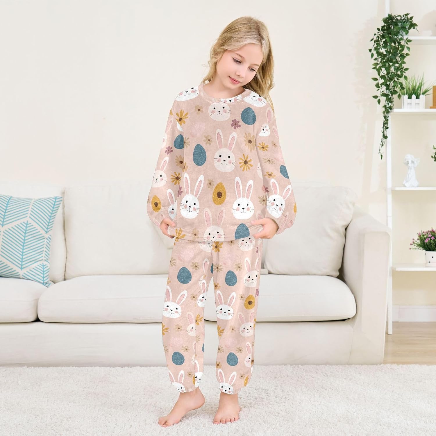 Rabbit Easter Egg Plush Pajama Sets Soft Flannel Fleece Sleepwear