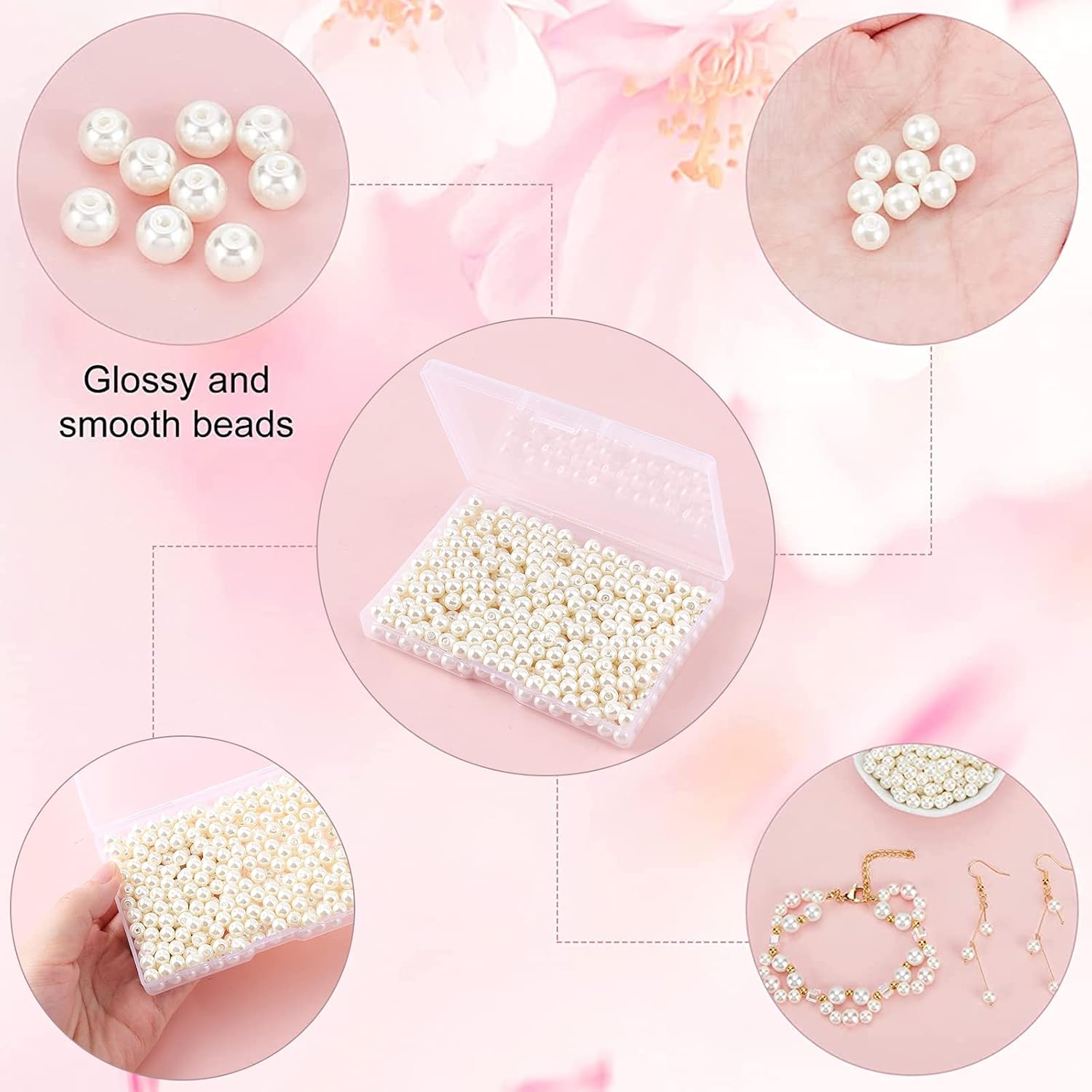 PH PandaHall 400Pcs 6mm Tiny Satin Luster Glass Pearl Round Beads Assortment Lot for Jewelry Making Round Box Kit Anti-Flash White