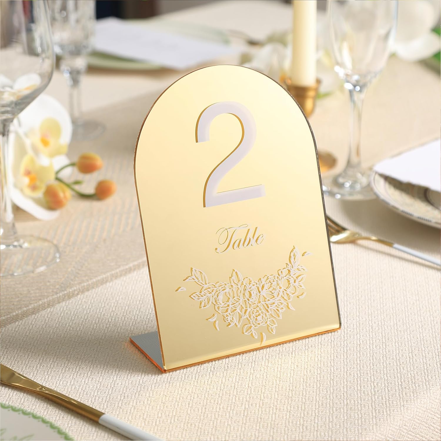 UNIQOOO Gold Mirror Wedding Table Numbers with Stands 1-15 set, 5x7'' Acrylic Arch Signs with Holders and Printed Calligraphy, Seat Display Wedding Decor Perfect for Centerpiece, Reception