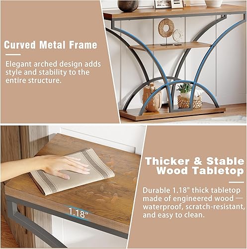 Miniatura 4 de Mesa consola de 47.2 pulgadas para entrada, mesa de sofá estrecha de 3 niveles con marco curvo, mesa decorativa de madera rústica industrial con
