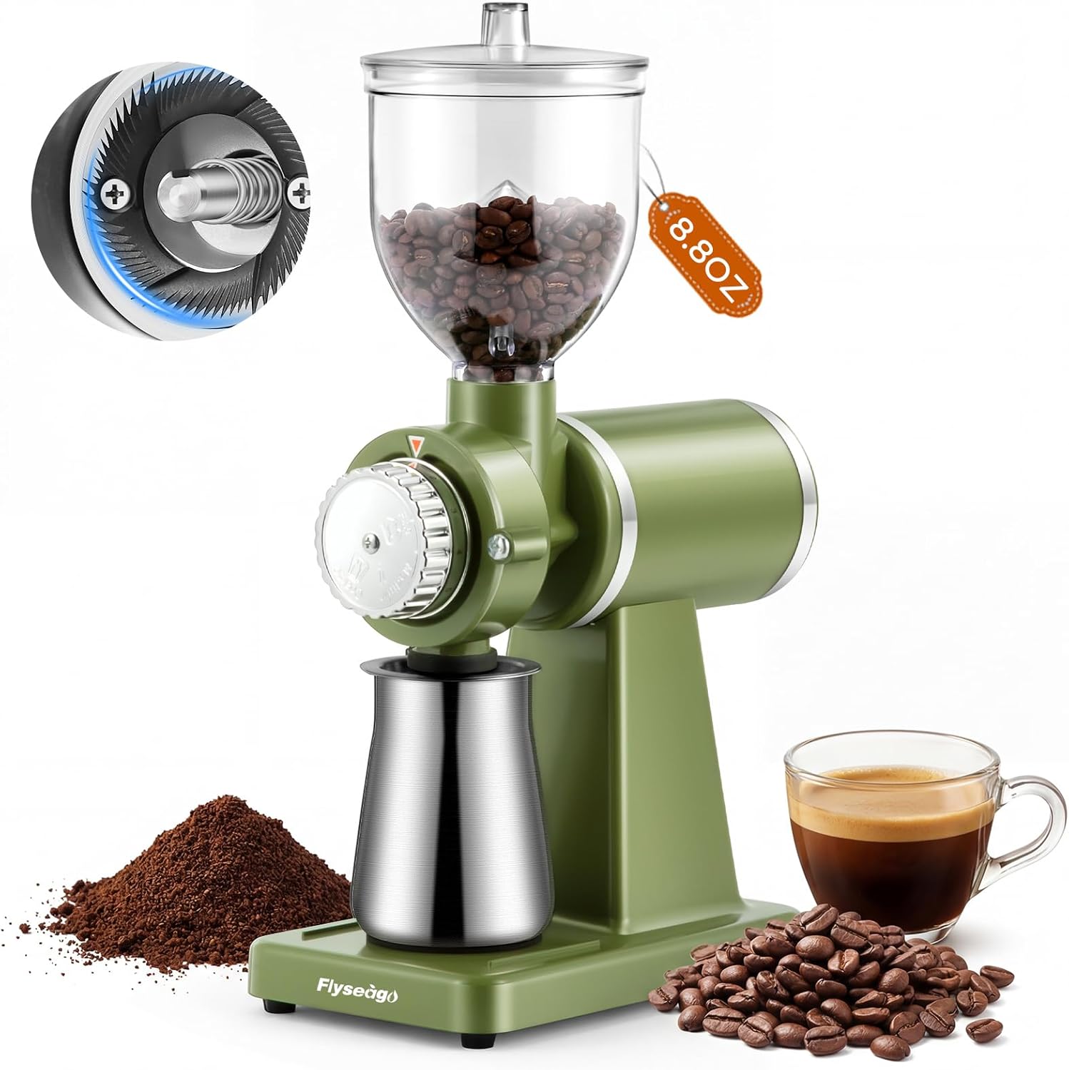 Electric Burr Coffee Grinders for Home Use, 8 Adjustable Settings Stainless Steel Flat Burr, Quiet Low Static Design for Espresso Pour Over French Press, Cream Style Green