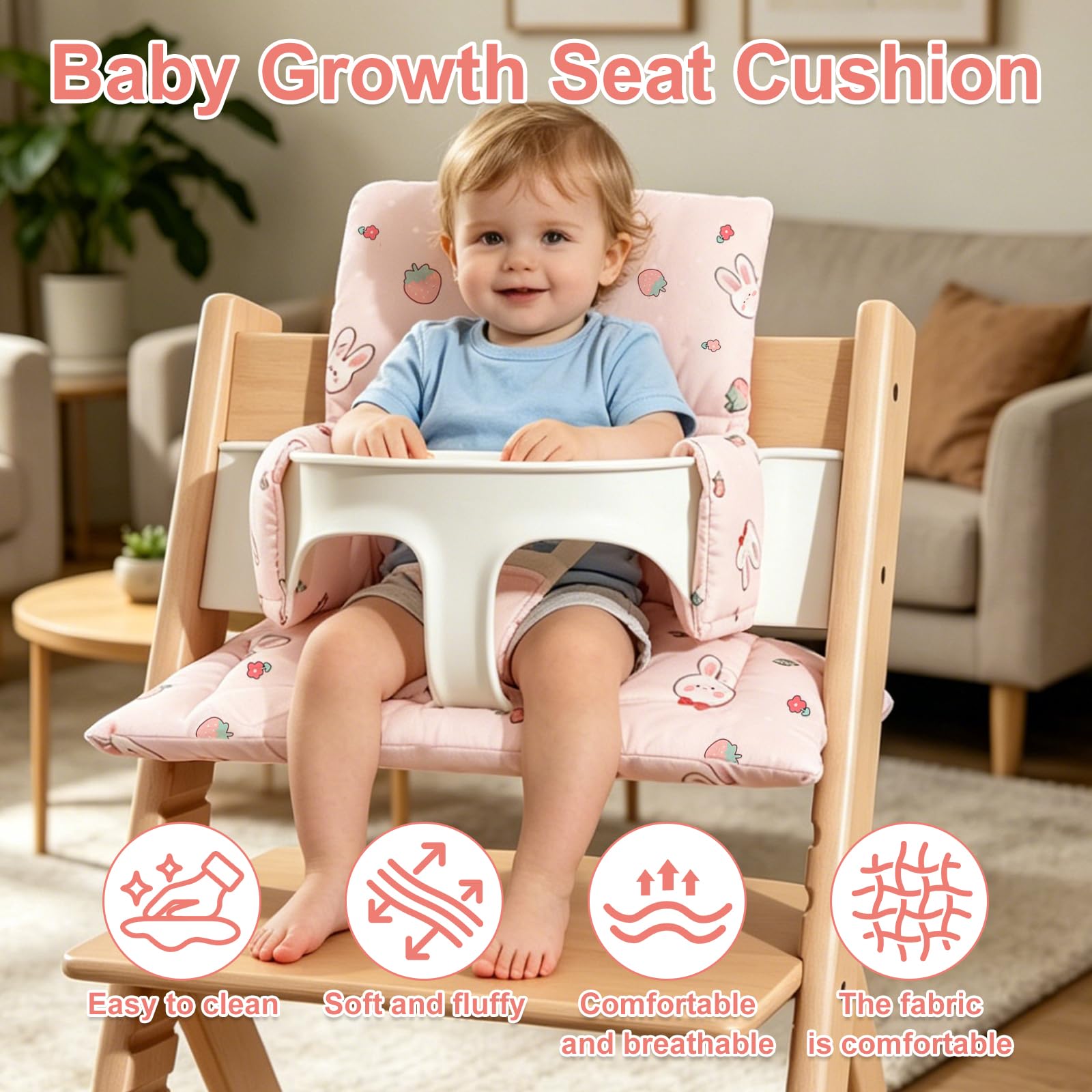 Cuscino per Seggiolone Stokke Tripp Trapp, Imbottitura Spessa in Cotone Naturale, Tessuto Impermeabile e Traspirante, Grazioso Motivo Lapino e Fragole, Confezionato Sottovuoto