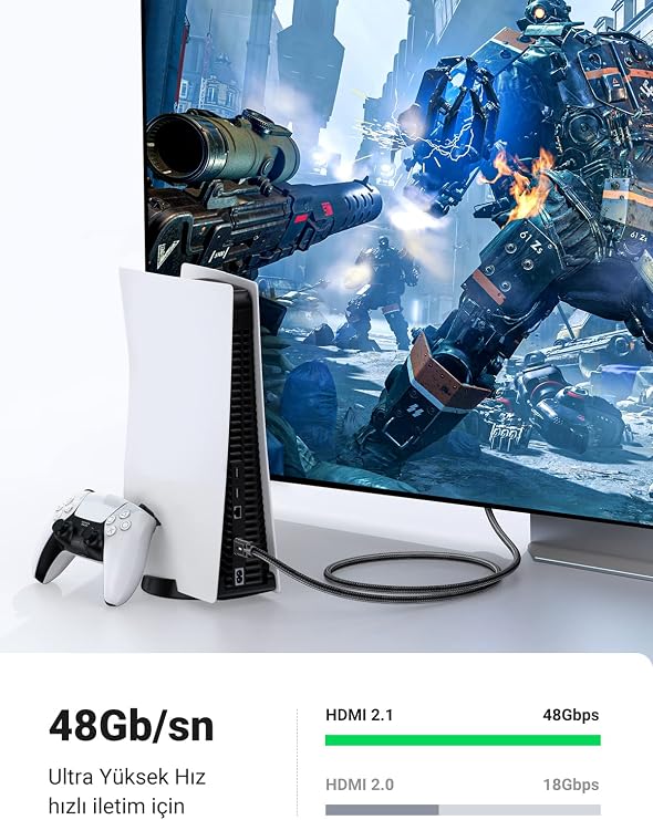 UGREEN 8K HDMI 2.1 Cable support HDR10, earC, 3D for PS5, Xbox S, Monitor etc (1m), Grey