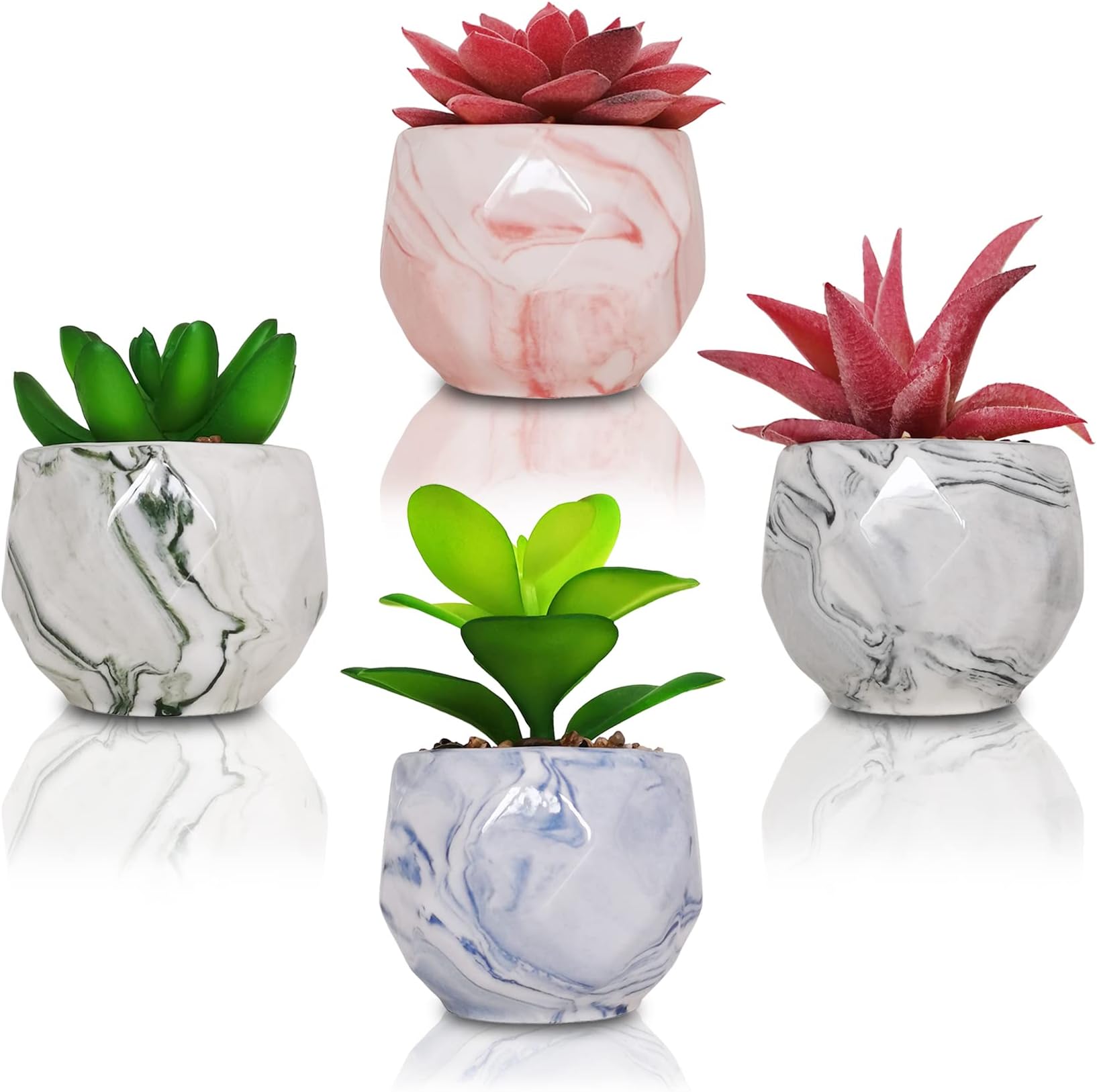 SAJANDAS Green and Pink Artificial Succulent Plants indoors in Marble Pattern Pots, Set of 4 Small Fake Succulent Plants in Colored Ceramic Pots for Home Bathroom, Bedroom Office Desk Plant Decor